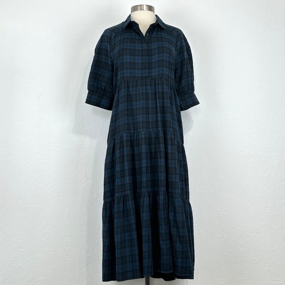 NATURAL LIFE Dresses & Skirts - Natural Life Cottage Rustic Midi Dress Large Tiered Cotton Flannel Plaid Pockets